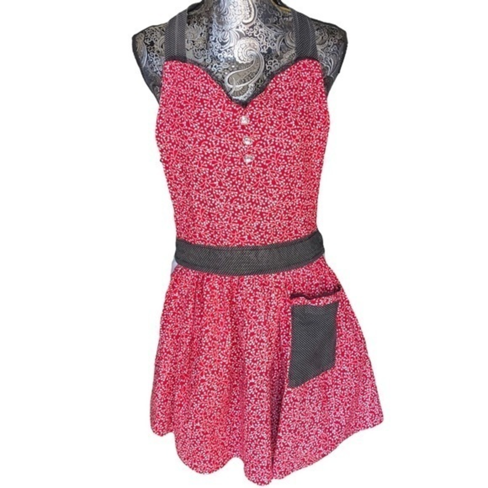 Full bib apron bling buttons pocket red and‎ white black lace Handmade